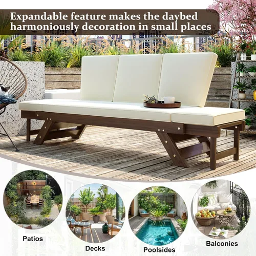 Miniatura 5 de Harper & Bright Designs Sofá convertible para exteriores con reposabrazos ajustable, sofá de madera maciza para patio con cojines, acabado Acabado