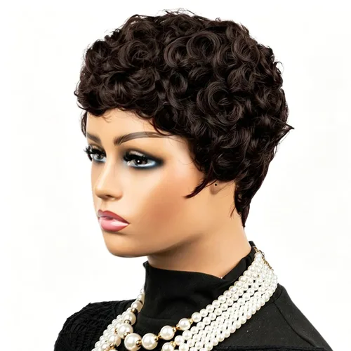 Miniatura 4 de MOONSHOW Pelucas cortas de corte Pixie para mujeres negras, pelucas cortas Pixie negras naturales para mujeres negras, peluca sintética rizada