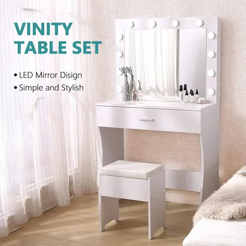 Miniatura 8 de Vabches Tocador de maquillaje con luces, Mesa tocador de maquillaje, Brillo ajustable, Cajón grande tocador resistente para dormitorio estudio