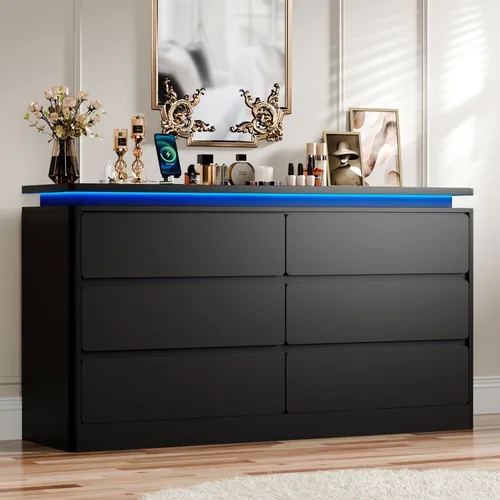 Gyfimoie Cómoda Negra de 6 Cajones para Dormitorio, Cajonera Larga de 47.2" con Estación de Carga y Luces LED, Gabinete de Almacenamiento de Madera
