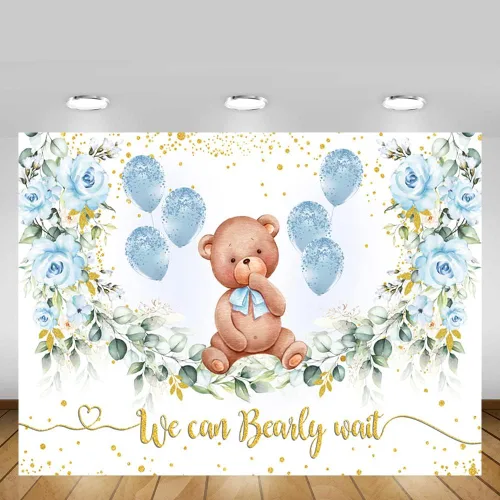 Miniatura 5 de MEHOFOND Telón de fondo de fiesta de baby shower de oso de 10 x 7 pies, fondo azul floral para fotografía, puntos dorados con purpurina dorada, Rosa