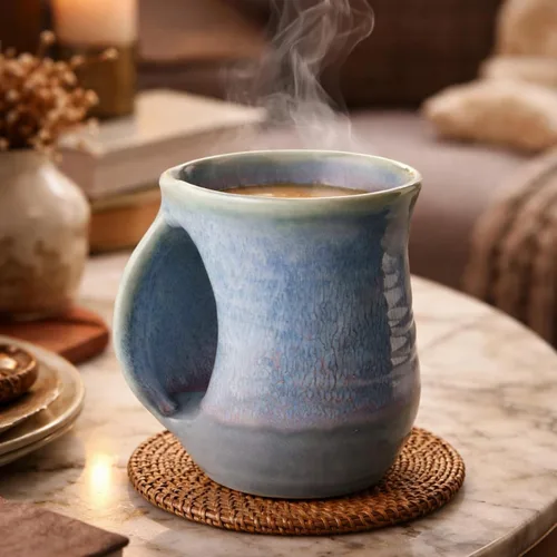 Miniatura 3 de Taza calientamanos, de cerámica y pintada a mano - Bolsillo contorneado mantendrá la calidez del calor de tu bebida - Mantén tus dedos calientes