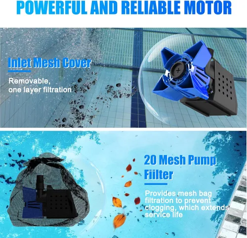 Miniatura 3 de AgiiMan Bombas de estanque, bomba de cubierta de piscina de 3500 GPH de 2 HP con bolsa de filtro y cable de 33 pies, bomba de agua sumergible, Azul