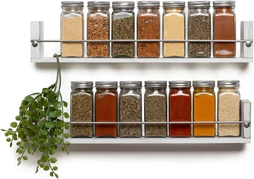 Estante de especias montado en la pared para decoración de cocina, 2 estantes en blanco lavado, estante de pared de madera para especias