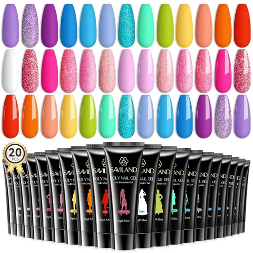 SAVILAND Colores de uñas de poligel sin hema: kit de gel de extensión de uñas de 20 colores brillante arco iris, rosa, morado, azul, colección de