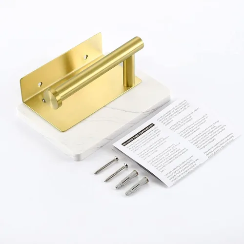 Miniatura 7 de Soporte de papel higiénico dorado cepillado con estante de mármol, soporte de papel higiénico montado en la pared de acero inoxidable 304, soporte
