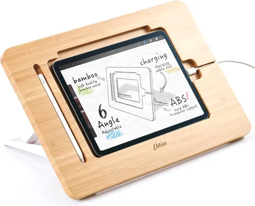 Miniatura 8 de ELETIUO Soporte ajustable para tablet con ranura para lápiz y cable de cargador, soporte de madera de bambú con múltiples ángulos, organizador