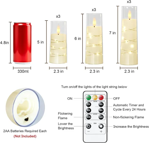 Miniatura 6 de Raycare Vela Sin Llama Con Control Remoto Y Temporizador – 9 Velas De Pilar LED De Acrílico Parpadeantes Operadas Por Batería Con Cadena De