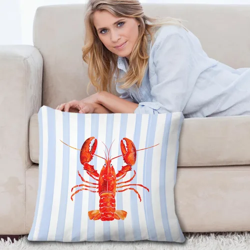Miniatura 5 de Fundas de almohada costeras de langosta, fundas de almohada náuticas de langosta roja de Nueva Inglaterra con rayas azules y blancas para casa