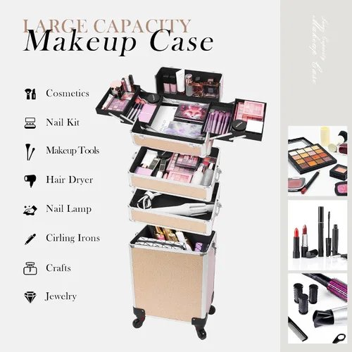 Miniatura 4 de Estuche de maquillaje profesional con ruedas, estuche de tren de maquillaje 5 en 1, carrito de maquillaje cosmético, estuche de cosmetología