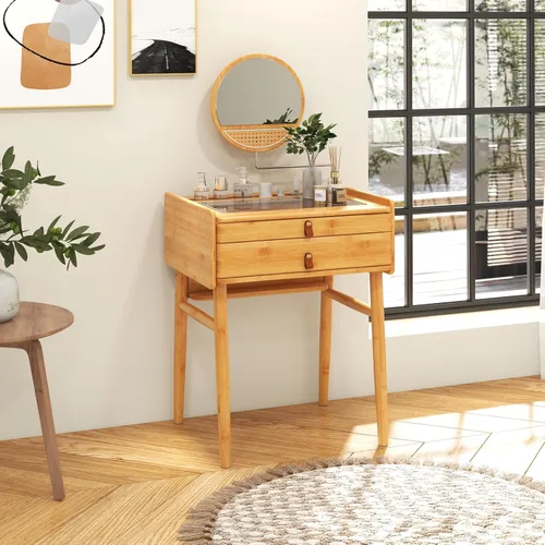 Miniatura 2 de CHARMAID Mesa de tocador de maquillaje, escritorio de bambú que ahorra espacio con espejo giratorio, 2 cajones, espacio de almacenamiento profundo