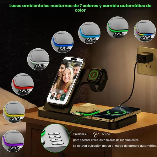 Miniatura 4 de Estación de carga inalámbrica de teléfono doble para dispositivos Apple, estación de carga magnética para iPhone con interruptor automático de luz