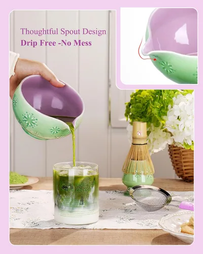 Miniatura 5 de Juego de batidor de matcha, juego de 6 piezas de matcha incluye cuenco matcha, innovador batidor y cuchara de bambú con bonito dije, soporte Chasen