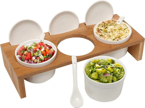 Miniatura 10 de MyGift Juego de Servir de Condimentos de 10 Piezas Incluye Bandeja de Presentación Elevada de Madera Sólida de Acacia Premium y 3 Cuencos