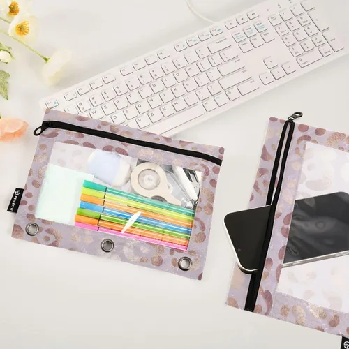Miniatura 4 de Estuche para lápices con estampado de leopardo, guepardo, oro rosa, para carpeta de 3 anillas, 2 bolsas para lápices con cremallera, estuche