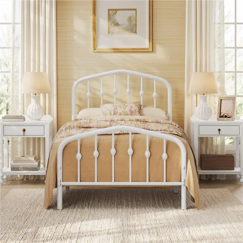 Yaheetech - Base de cama metálica de tamaño individual con cabecera y estribo de estilo victoriano, fácil de ensamblar, sin necesidad de somier,