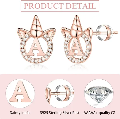 Miniatura 6 de Regalos para el día de San Valentín para niños y niñas, aretes de plata de ley S925, chapados en orooro rosa, aretes de unicornio con circonita