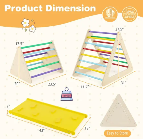 Miniatura 8 de HONEY JOY Juguetes de escalada de madera 5 en 1 para niños pequeños, escalador triangular con rampa para deslizarse o escalar, juego de arco