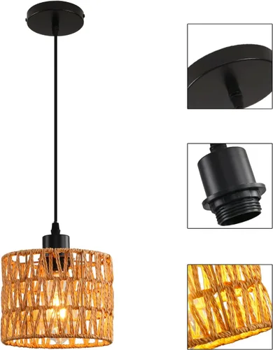 Miniatura 4 de Lámpara Colgante Tejida Candelabro Bohemio, Luces Colgantes de Ratán Isla de Cocina, Iluminación Colgante de Granja con Pantalla de Mimbre Tejida a
