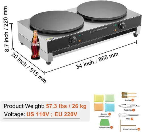 Miniatura 7 de HappyBuy Máquina eléctrica de crepé - Cabezal doble de 16 pulgadas, 3400 W, acero inoxidable antiadherente, escritorio, control de temperatura