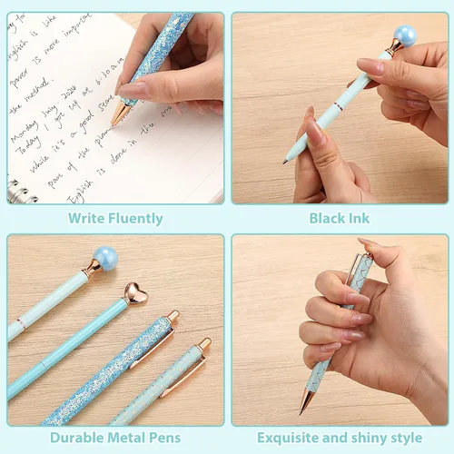 Miniatura 3 de BESARME 4 bolígrafos azules para mujer, bolígrafos de sirena, regalos azules para niñas, bolígrafo de diamantes con purpurina, tinta negra, lindo