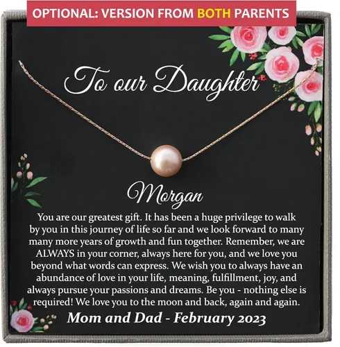 Miniatura 48 de Collar de hija relleno de oro de mamá o papá, collar clásico de perlas blancas con mensaje significativo, listo para regalar