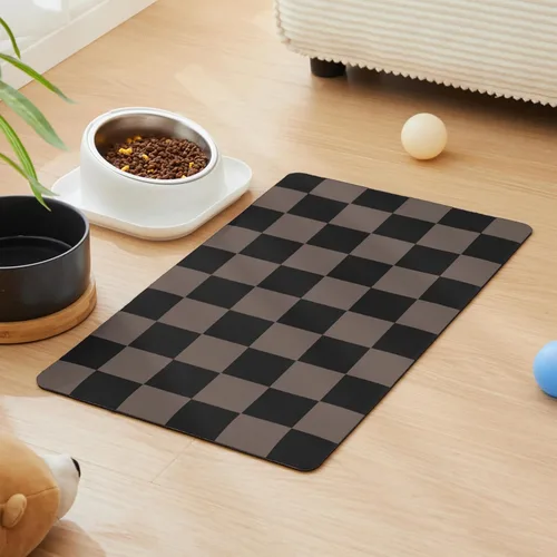 Miniatura 13 de Alfombrilla de alimentación para perros a cuadros, tapetes absorbentes para tazón de comida y agua para perros, dispensador, estética retro beige