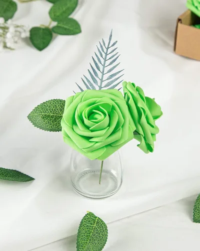 Miniatura 6 de DuHouse 25 rosas artificiales con tallos, flores de espuma de tacto real para bricolaje, ramo de boda, fiesta, centro de mesa, arreglo floral, Verde