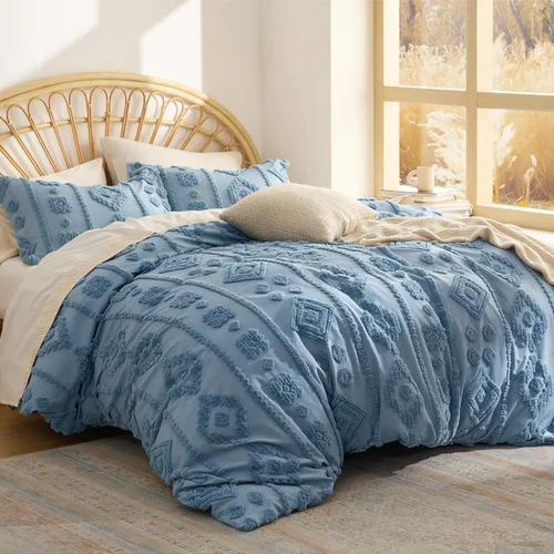 Miniatura 19 de Bedsure - Juego de edredón individual/King, juego de cama bohemio azul polvo capitoné, 3D, tipo jacquard, 2 piezas: 1 edredón estilo rústico chic