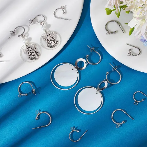 Miniatura 4 de Beebeecraft 1 caja de 20 aretes de aro de 2 tamaños de acero inoxidable con lazo y tuercas para la oreja para hacer joyas de bricolaje Plata