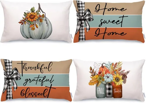 Miniatura 23 de GEEORY Juego de 4 fundas de almohada de otoño de 18 x 18 pulgadas, diseño de calabazas y tarros de masón, decoración agradecida, fundas de cojín