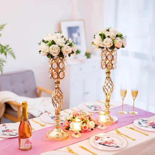 Miniatura 2 de Jarrón de metal dorado, 10 jarrones de trompeta altos para centros de mesa con cuentas de cristal, jarrón de boda para mesas, decoración del hogar