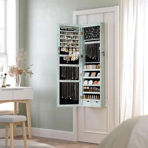 Miniatura 8 de SONGMICS - Gabinete organizador de joyas con 6 luces LED, para montar en la pared o en la puerta, de 47.3pulgadas de alto, con espejo y 2 cajones