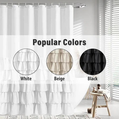 Miniatura 7 de Cortina de ducha Seasonwood de tela blanca con volantes, cortina de ducha estilo granja, cortinas de ducha de 72 x 84 pulgadas con botones y Blanco