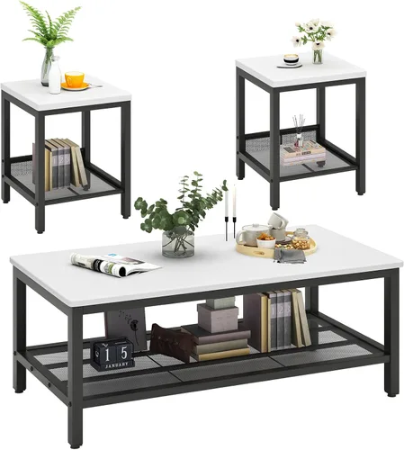Miniatura 8 de Conjunto de 3 mesas de café AWQM, mesa de café industrial con 2 mesas auxiliares cuadradas, conjunto de mesas modernas para sala de estar