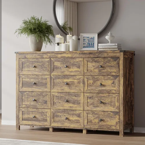 Miniatura 16 de BORNOON Cómoda de 9 cajones, moderna cómoda de almacenamiento de madera, soporte de TV, organizador de cajones de madera con asas de metal