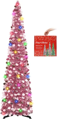 Miniatura 21 de MACTING Árbol de Navidad desplegable con 50 luces LED con temporizador, 5 pies, árbol de lápiz de oropel plegable de fácil montaje, árbol artificial