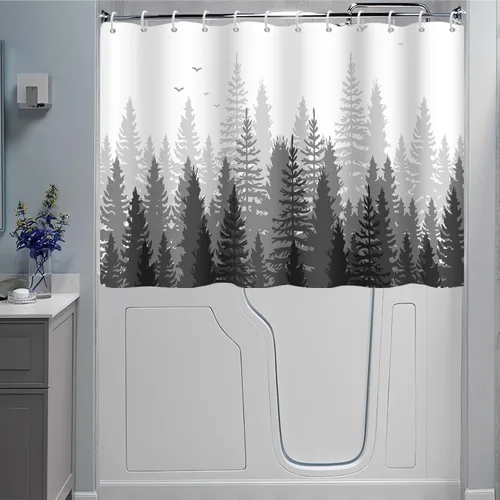 Miniatura 11 de Cortina de Ducha y Ventana, Cortina Verde y Gris de Bosque Pequeña y Corta Impermeable para Baño con Ganchos, 30x36 Pulgadas