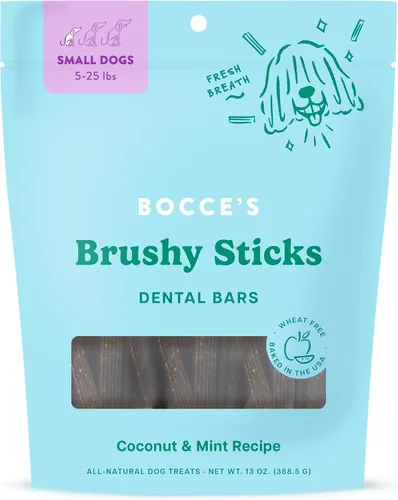 Bocce's Bakery Dailies Brushy Sticks para apoyar la salud oral y el aliento fresco, barras dentales sin trigo para perros, hechas con ingredientes