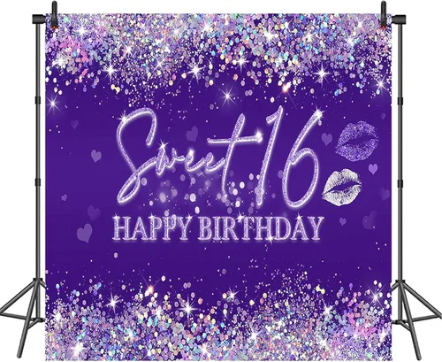 Miniatura 7 de Avezano Telón de fondo de cumpleaños de 16 años con purpurina para decoración de fiesta de cumpleaños, diamantes brillantes, oro rosa, morado