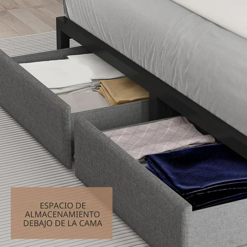 Miniatura 4 de Cikunasi Base de cama tamaño Queen con cabecero y almacenamiento, base de cama con plataforma de cajones con estación de carga y luz LED, Gris