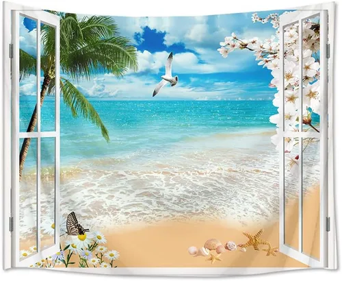 Miniatura 20 de HVEST Tapiz de playa para colgar en la pared, paisaje tropical azul océano, tapiz natural para dormitorio, palmera verde con cielo azul, nube