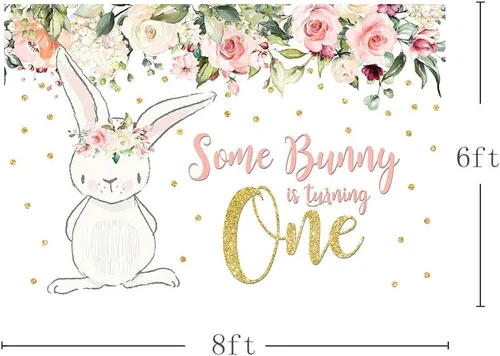 Miniatura 2 de MEHOFOTO - Telón de fondo para fiesta de cumpleaños de 8 x 6 pies, diseño floral rosa con purpurina dorada con texto en inglés "Some Bunny One Girl