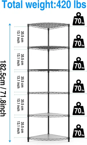 Miniatura 3 de NSF - Estantería esquinera de metal de 6 niveles, capacidad de 420 libras, ajustable, con pies niveladores y revestimientos impermeables
