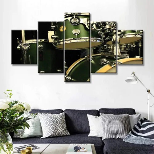 Miniatura 17 de Arte de pared en blanco y negro, kit de batería de jazz morado sobre fondo negro, pinturas de 5 paneles, lienzo, arte de pared para decoración