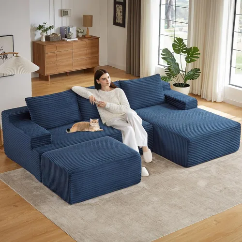 Miniatura 62 de Sofá modular de 95 pulgadas con otomana, moderno sofá nube de pana con asiento profundo, sofá sin hueso tapizado de 3 plazas en forma de U para sala