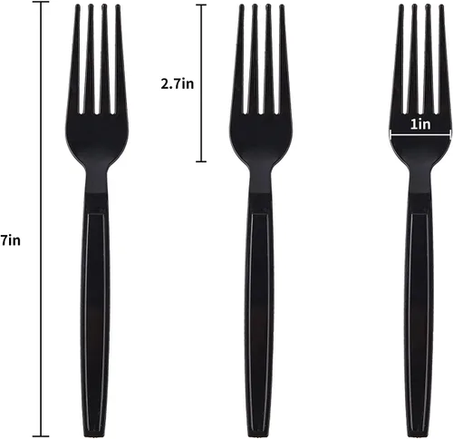 Miniatura 2 de Tenedores de plástico desechables empaquetados individualmente, tenedores negros de 7 pulgadas, tenedores comerciales para llevar, de masa súper