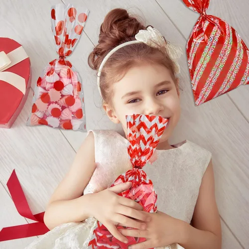 Miniatura 5 de Aneco Paquete de 100 bolsas de celofán rojo de 10.6 x 5.1 pulgadas, bolsas de plástico para dulces, bolsas de regalo, bolsas de regalo con lazos