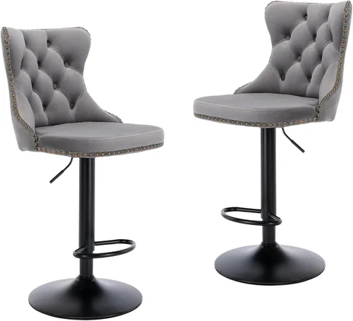 Miniatura 8 de LKTART Juego de 2 taburetes de bar giratorios con altura de asiento ajustable, taburetes de bar tapizados de terciopelo con base cromada