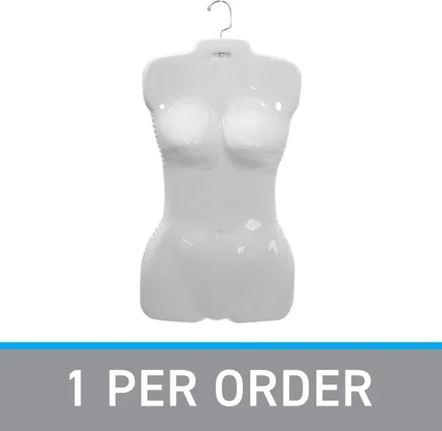 Miniatura 5 de SSWBasics Torso de maniquí colgante de plástico económico para exhibición de ropa femenina, forma blanca con gancho, ideal para venta al por menor